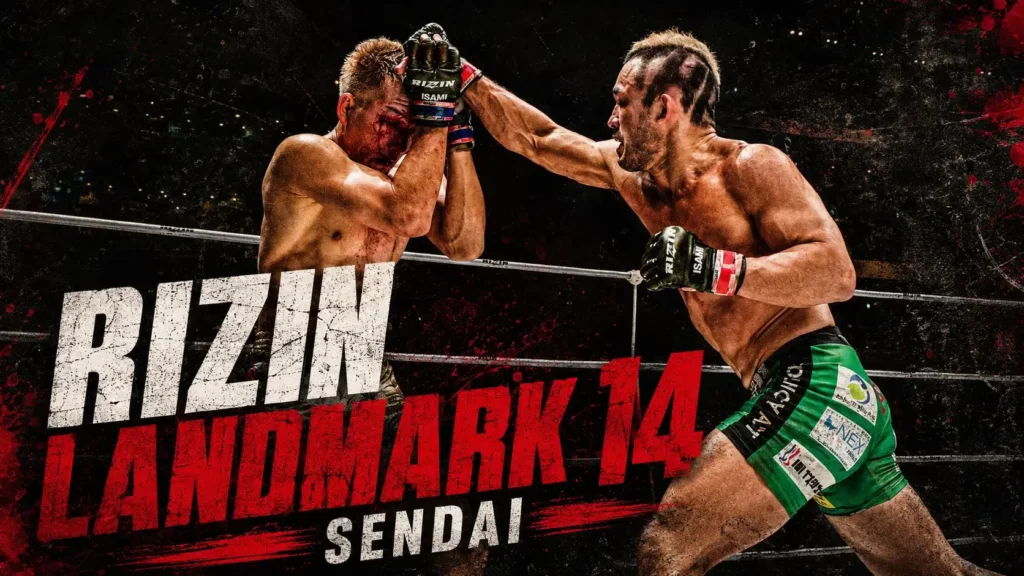 Intenso combate MMA RIZIN LANDMARK 14 Sendai: luchadores en el ring. Uno golpea con fuerza, el oponente tiene el rostro ensangrentado.