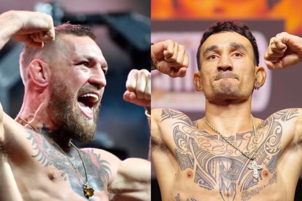 Conor McGregor gritando y Max Holloway serio, dos luchadores de MMA sin camiseta, mostrando sus tatuajes y flexionando en pesaje.