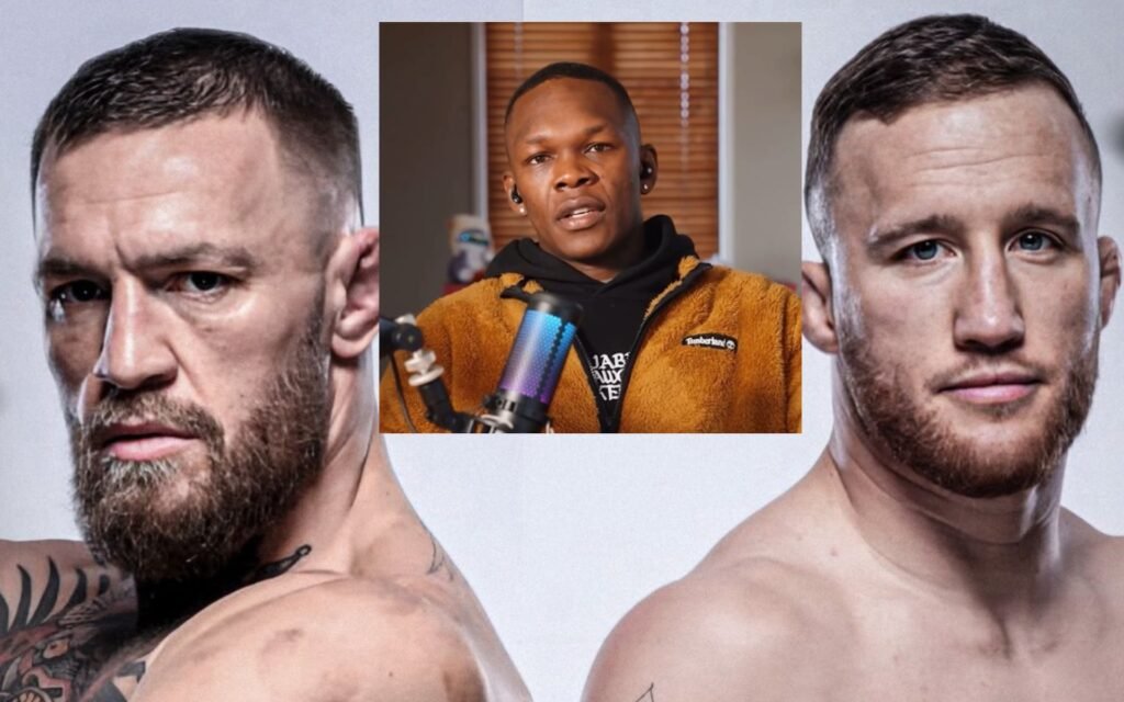 Conor McGregor (izquierda) y Justin Gaethje (derecha) se encaran. Israel Adesanya (centro superior) comenta. Estrellas UFC.