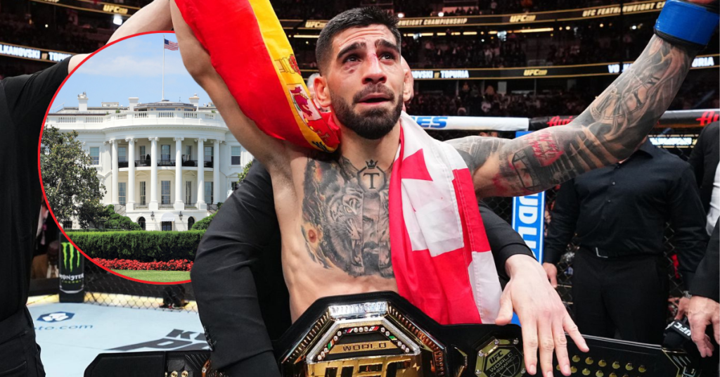 Campeón de UFC Ilia Topuria, visiblemente emocionado con su cinturón y bandera española. Detrás, la Casa Blanca.
