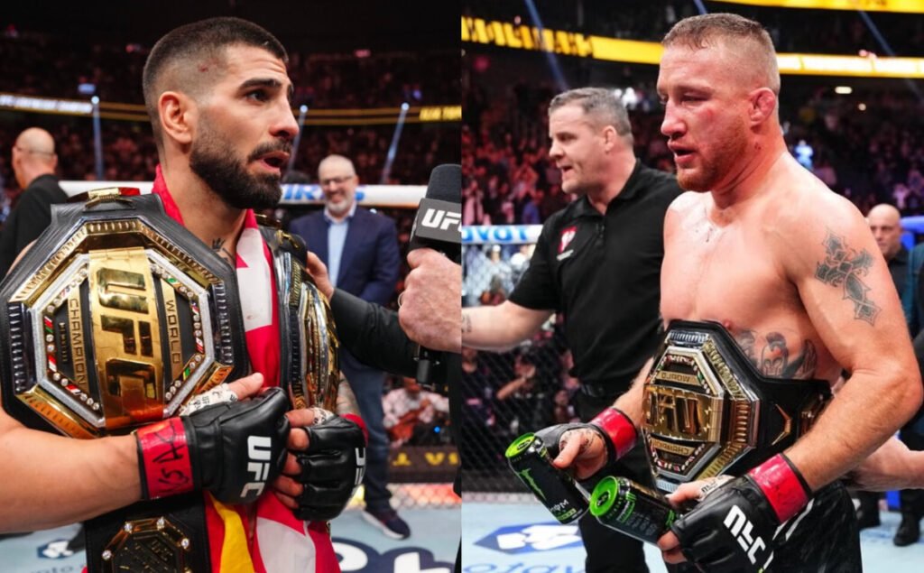 Los campeones de UFC Ilia Topuria con cinturones y micrófono, y Justin Gaethje con cinturón y bebidas energéticas, tras pelear.