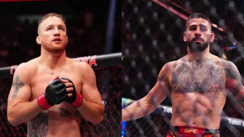 Justin Gaethje y Ilia Topuria, estrellas de UFC, miradas serias antes del combate. Gaethje a la izquierda, Topuria con tatuajes de tigre a la derecha.