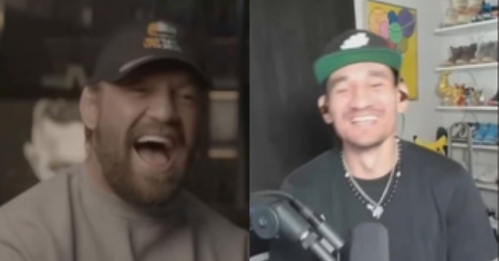 Conor McGregor con gorra ríe a carcajadas junto a un sonriente Max Holloway, en una videollamada con pantalla dividida.
