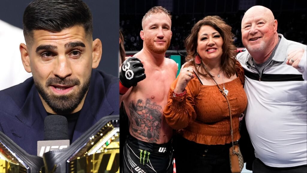 Un luchador de UFC con cinturón de campeón y Justin Gaethje, torso desnudo, sonríe con sus padres.