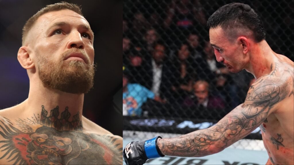 Primer plano de Conor McGregor pensativo con barba y Holloway ensangrentado tras combate UFC en la jaula.