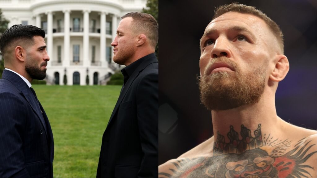 Luchadores MMA: Yair Rodriguez y Justin Gaethje en careo frente a la Casa Blanca. A la derecha, Conor McGregor con tatuajes.