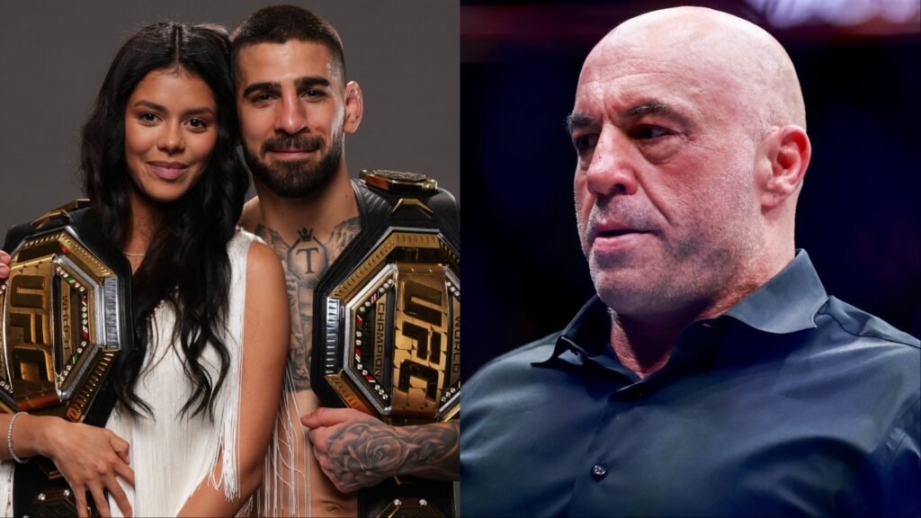 Hombre y mujer, campeones UFC, posan con sus cinturones dorados. A su lado, Joe Rogan observa pensativo.