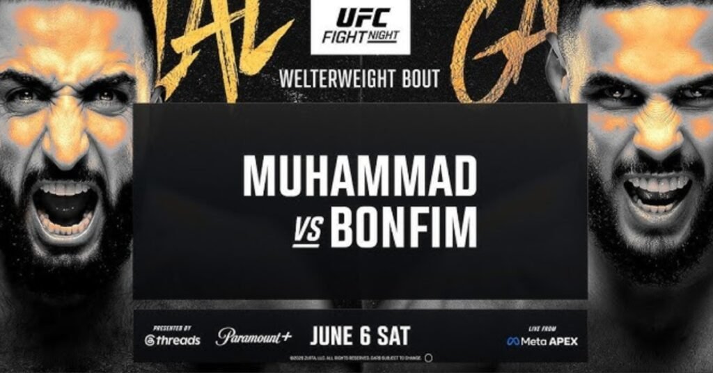 Cartel UFC Fight Night: Muhammad vs Bonfim. Combate peso wélter con dos luchadores de rostros furiosos. En Paramount+, 6 junio.