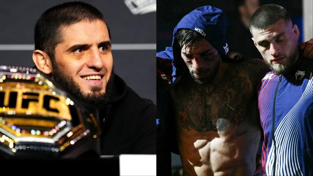 Islam Makhachev sonríe con cinturón UFC de campeón. Dos luchadores agotados y visiblemente derrotados tras un combate MMA.