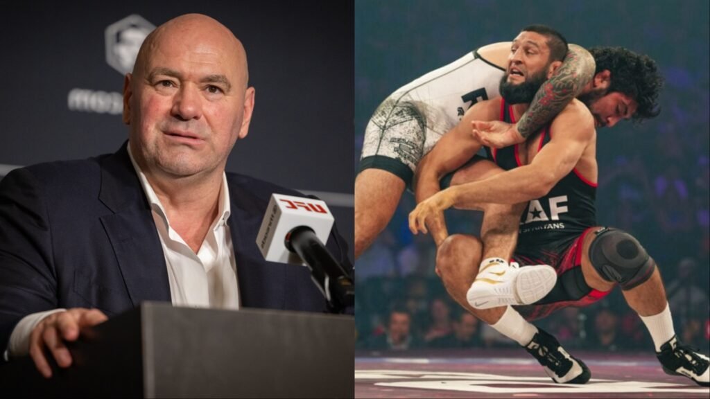 Dana White en rueda de prensa UFC y dos luchadores de grappling en pleno combate.
