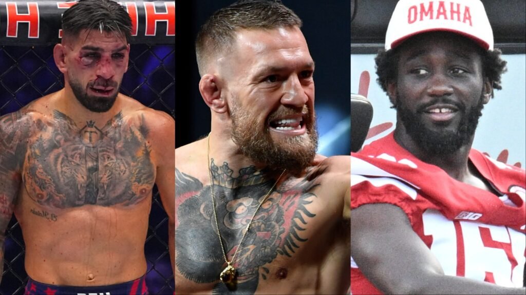 Luchador de MMA herido, Conor McGregor intenso con tatuajes y un hombre sonriente con gorra OMAHA y camiseta roja.