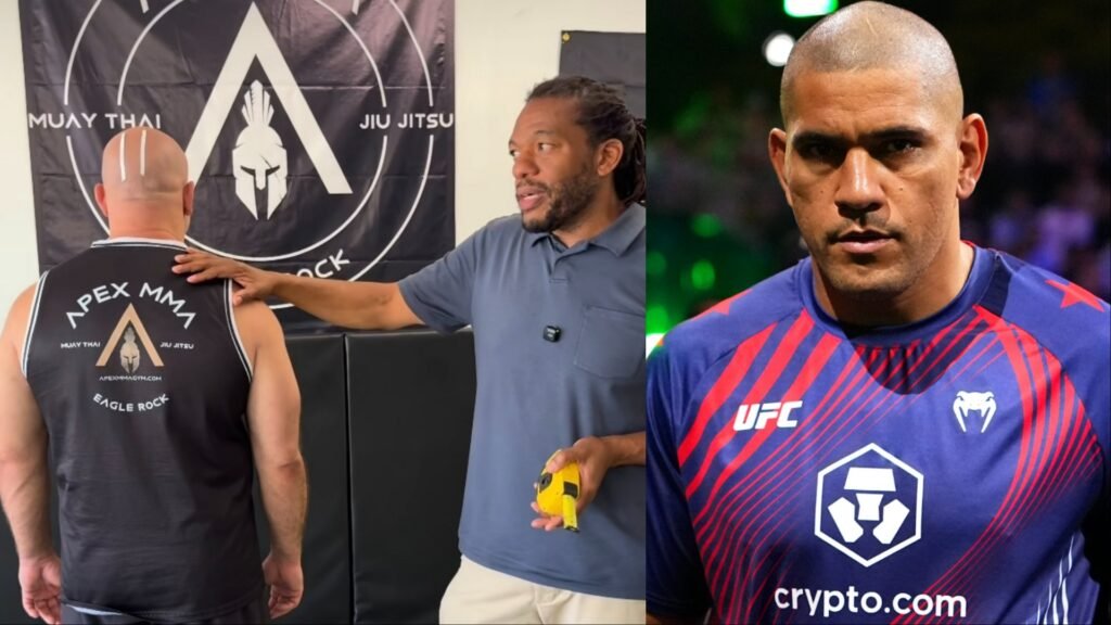 Instructor mide a luchador en un gimnasio de MMA con logo espartano. A la derecha, el peleador de UFC Alex Pereira con su equipación.
