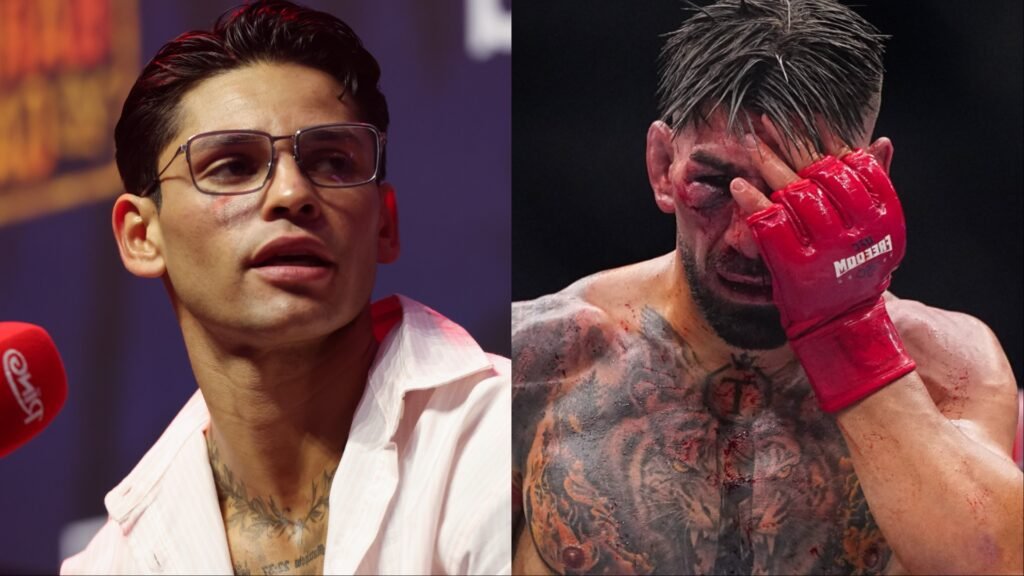 Boxeador Ryan Garcia en entrevista; luchador Mike Perry sangrando y magullado tras su combate de MMA.