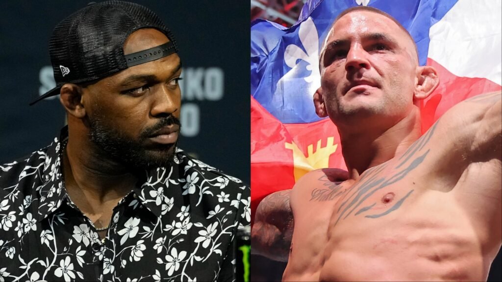 Luchadores Jon Jones (gorra negra, camisa floral) y Dustin Poirier (sin camiseta, tatuajes, bandera).