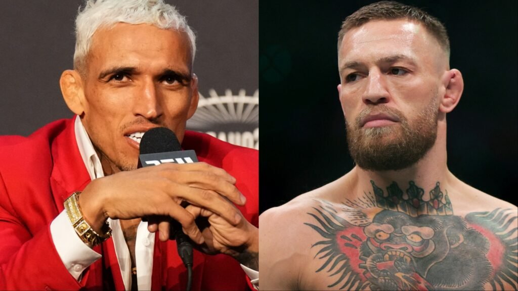 Luchadores UFC Charles Oliveira (chaqueta roja, micrófono) y Conor McGregor (sin camiseta, tatuaje de gorila).