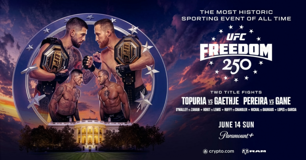 Póster UFC Freedom 250: Topuria y Gaethje con cinturones, Pereira vs Gane, frente a la Casa Blanca. Combates el 14 junio.