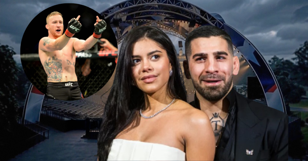 Justin Gaethje de UFC levantando brazos; en primer plano, una pareja sonríe ante un escenario exterior y cielo nublado.