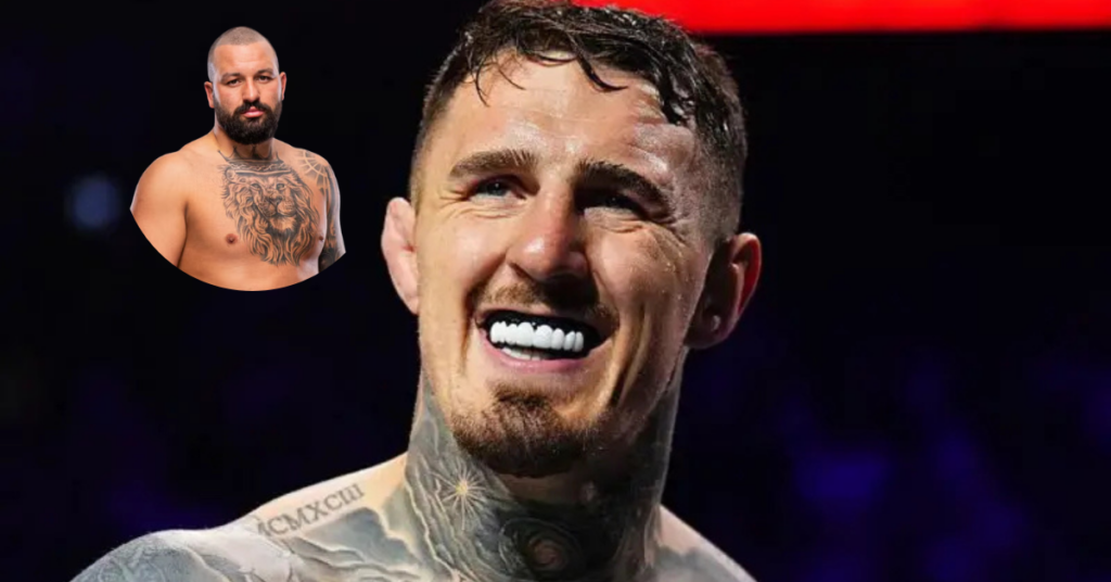 Luchador de MMA sonriendo con bucal blanco y tatuajes en el cuello. En la esquina superior, otro luchador barbudo con tatuaje de león.