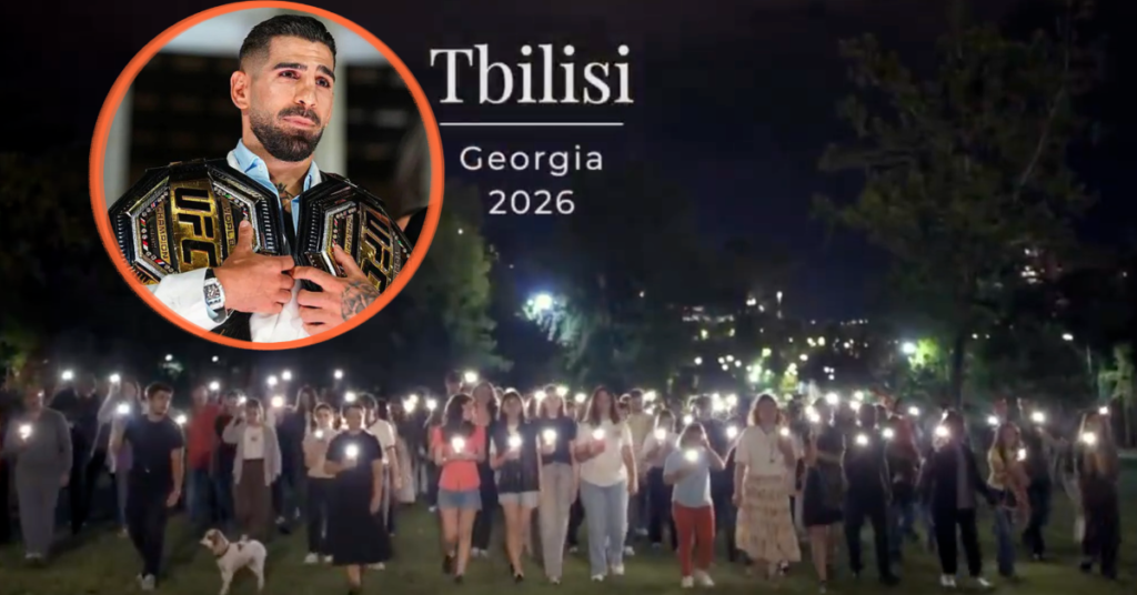 Ilia Topuria llorando con cinturones UFC; multitud en Tbilisi, Georgia, 2026, con luces de móviles en una vigilia.