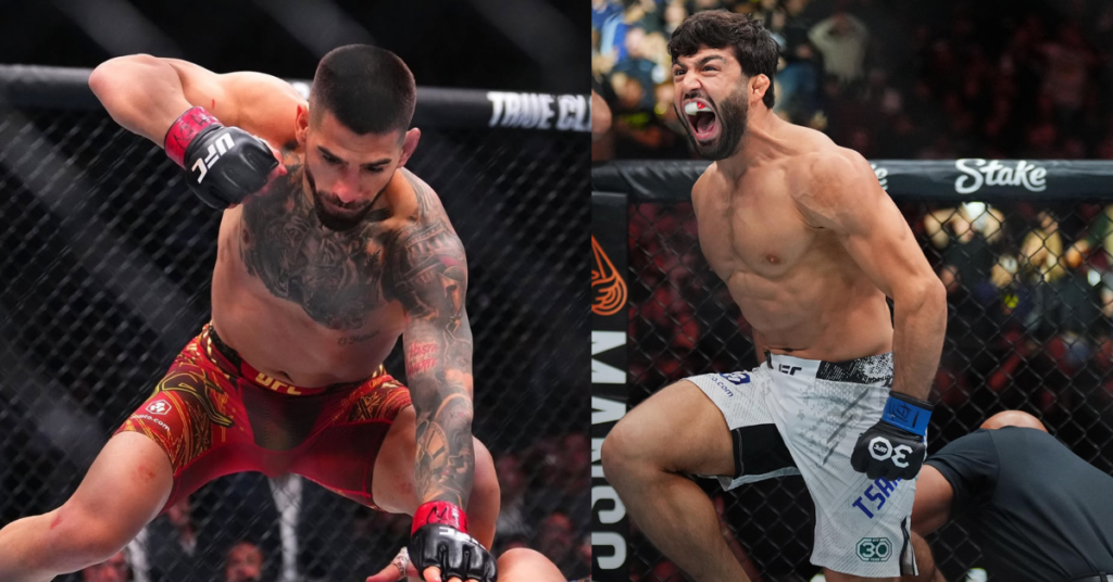 Dos luchadores de la UFC en el octágono. Uno lanza un puñetazo, el otro grita con rabia. Acción de MMA.