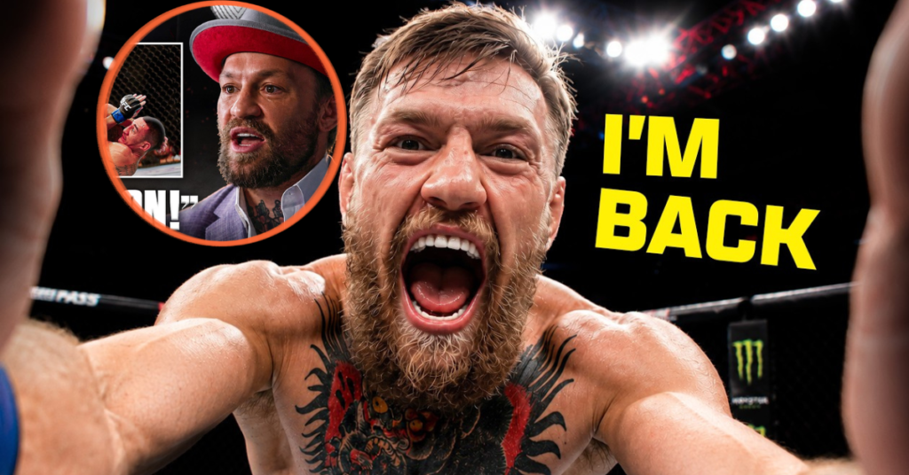 Conor McGregor, con barba y tatuajes, gritando en un ring, "I'M BACK". Incluye recuadros suyos con sombrero y una lucha.