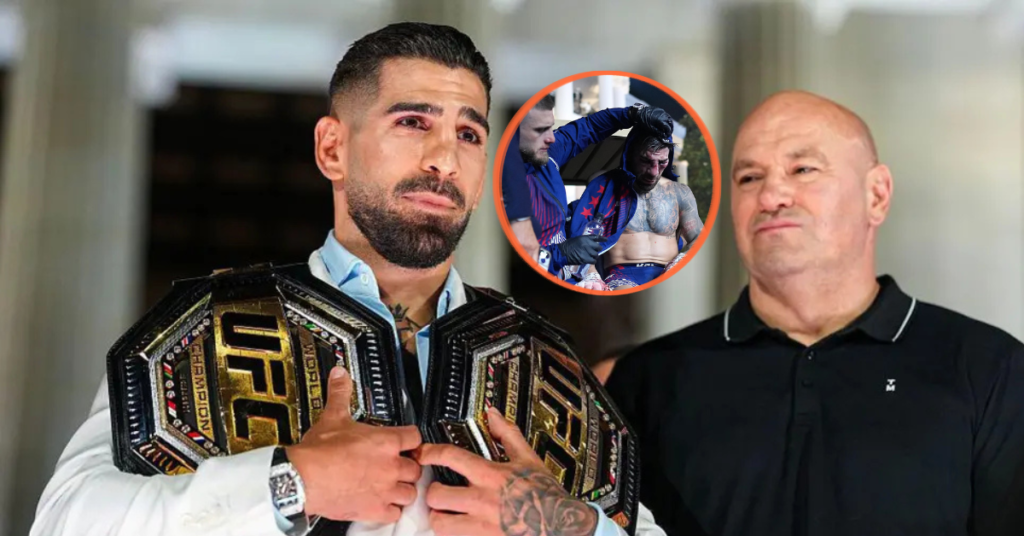 Emocionado campeón de UFC con dos cinturones y Dana White. Un inserto muestra al luchador con heridas tras un duro combate de MMA.