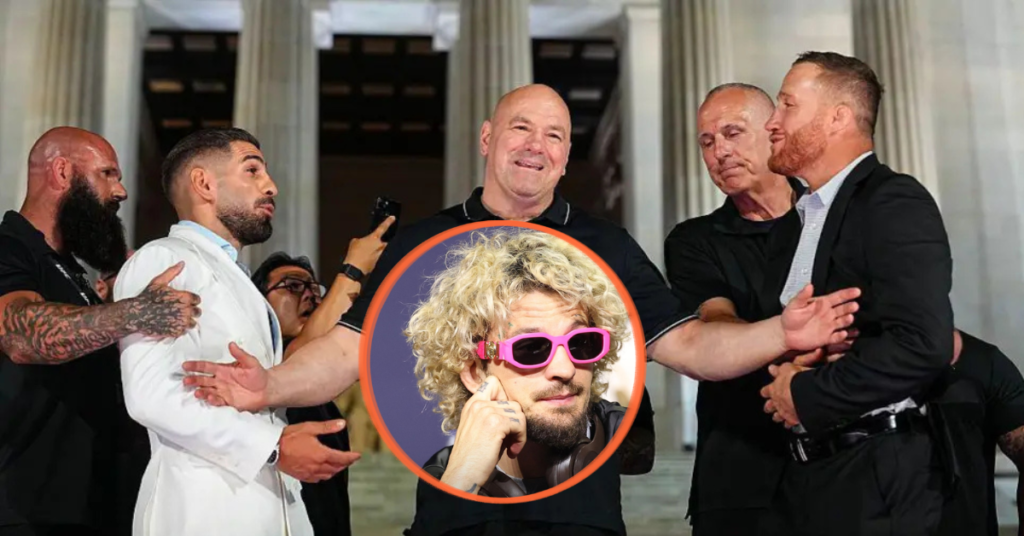 Dana White en un evento UFC con seguridad separando a luchadores. En círculo, Sean O'Malley con gafas rosas.
