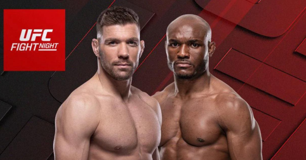 UFC Fight Night: Kamaru Usman y Stephen Thompson, luchadores musculosos y serios, frente a fondo rojo y negro.