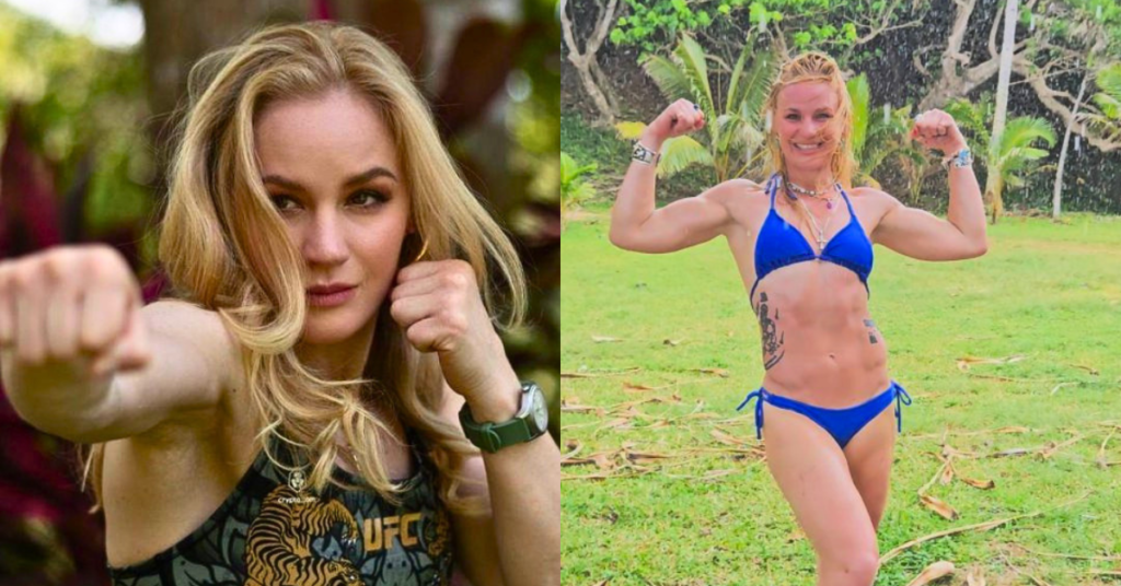 Valentina Shevchenko en doble imagen: con top UFC y puños, y flexibilizando musculatura en bikini azul tropical. Luchadora MMA.