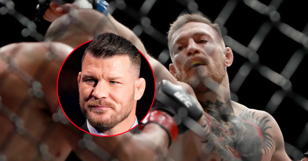 Conor McGregor lanza un puñetazo en un combate de UFC, su tatuaje prominente, con un retrato de Michael Bisping.
