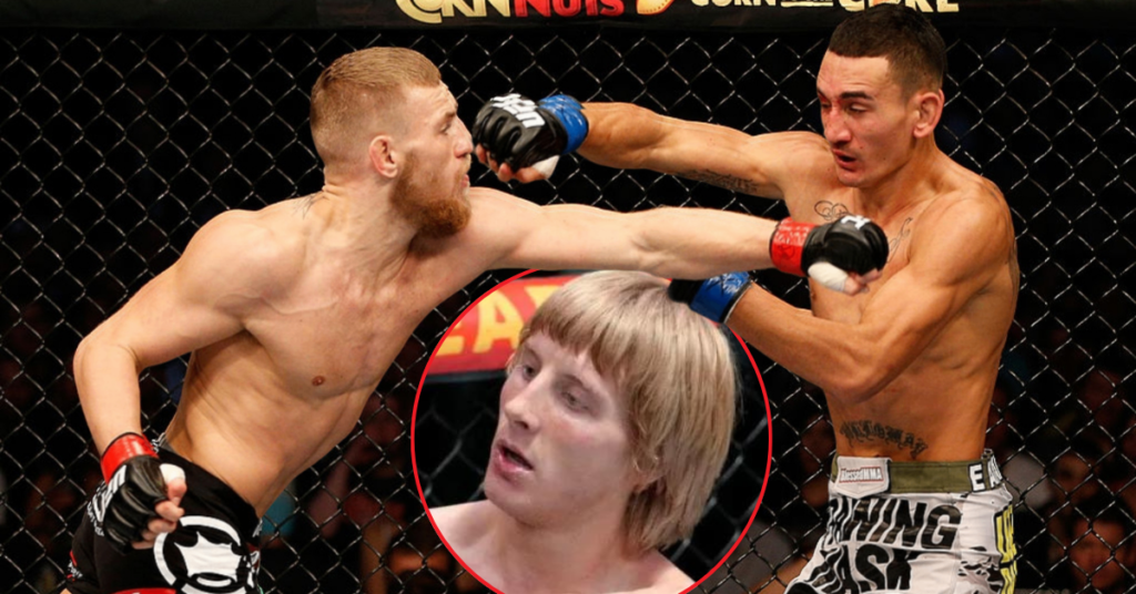 Conor McGregor golpea a Max Holloway en la UFC. Paddy Pimblett aparece en un círculo superpuesto.