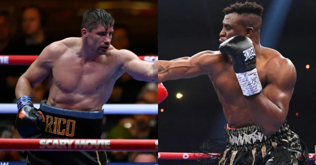 Boxeadores Rico Verhoeven (izq.) y Francis Ngannou (der.) lanzan potentes golpes. Dos estrellas de boxeo en acción.