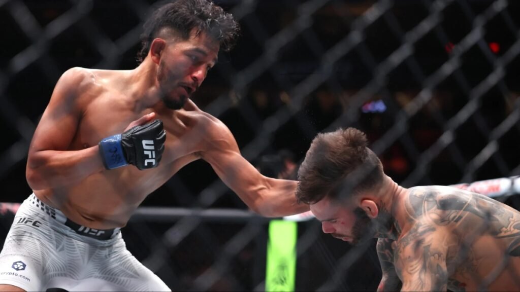 Combate de UFC: Adrian Yanez golpea la cabeza de su oponente con un puñetazo. Ambos peleadores en el octágono.