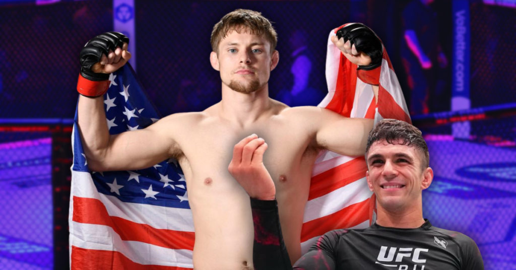 Peleador Bryce Mitchell con bandera de EEUU, serio y con guante de MMA. Mikey Musumeci sonríe con camiseta UFC, mano flotante. Octágono de combate.