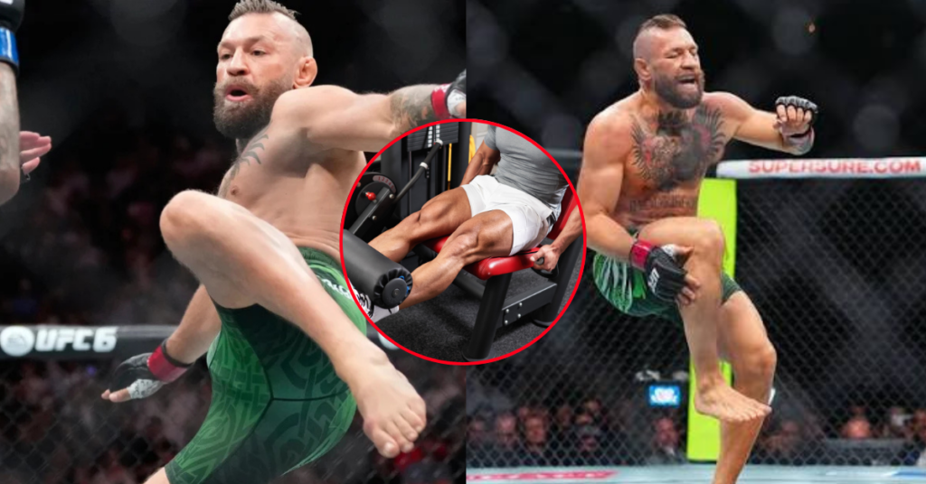 Conor McGregor en el octágono lanzando una patada y sus piernas musculadas en una máquina de extensiones.