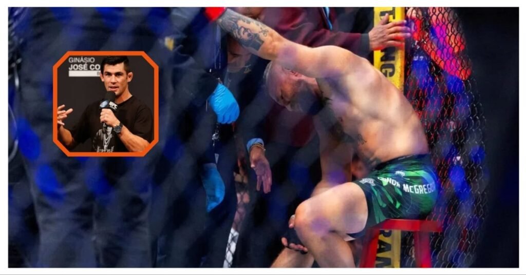 Conor McGregor, agotado en jaula MMA, es asistido. Dominick Cruz, en recuadro, habla por micrófono. Combate UFC.