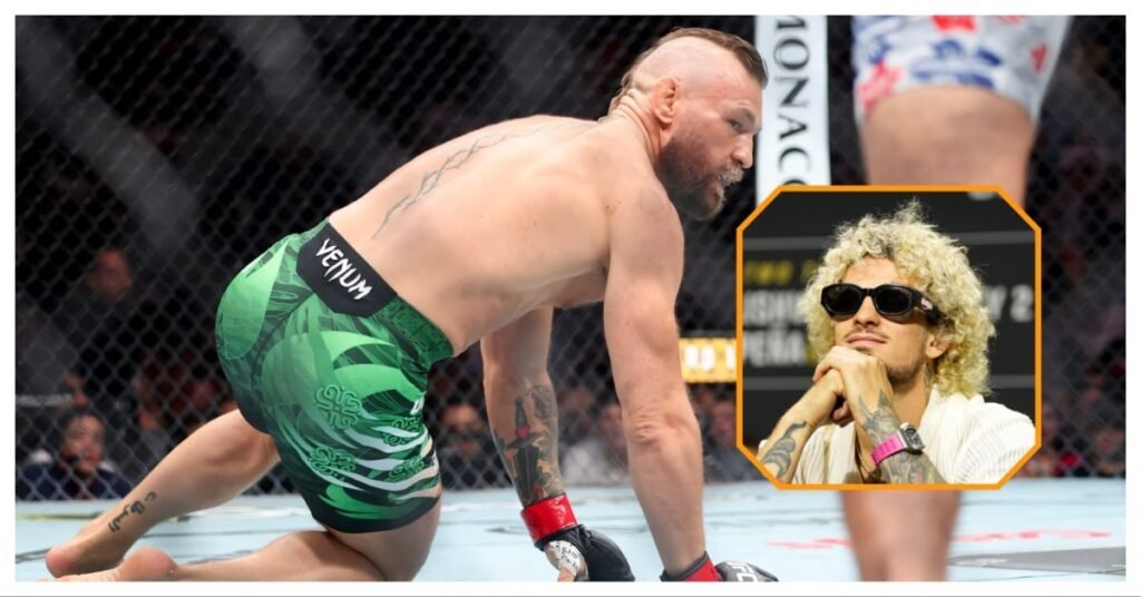 Luchador de MMA Conor McGregor arrodillado en jaula con shorts verdes; inset del luchador Sean O'Malley con gafas de sol.