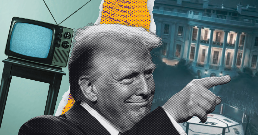 Donald Trump en blanco y negro señala la Casa Blanca y un octágono de UFC. A un lado, televisión antigua con estática.