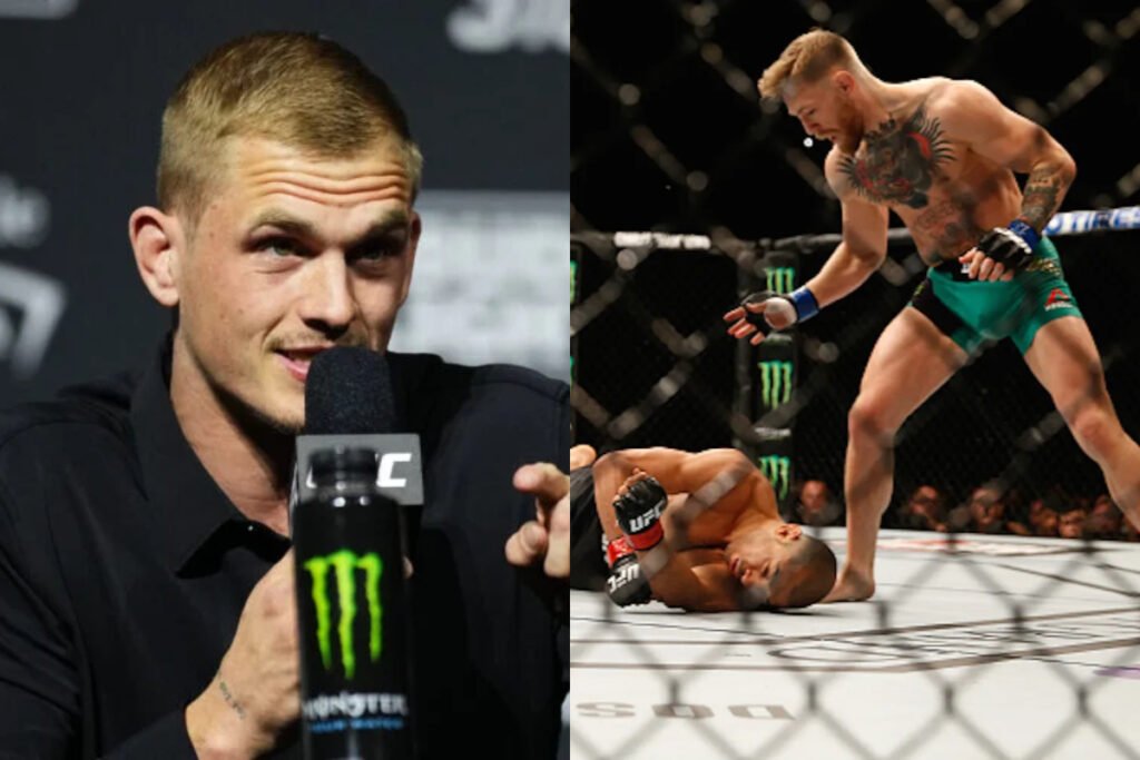 Ian Machado Garry en rueda de prensa y Conor McGregor de pie sobre José Aldo tras un KO en el octágono de UFC.