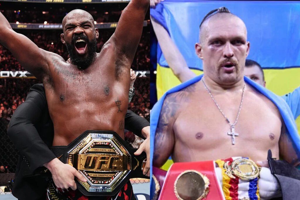 Jon Jones, campeón UFC, celebra con cinturón. A su lado, Oleksandr Usyk, campeón boxeo, con sus títulos y bandera ucraniana.