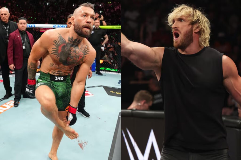 Conor McGregor con el pie sangrando en UFC; Logan Paul, musculoso, gritando en WWE.