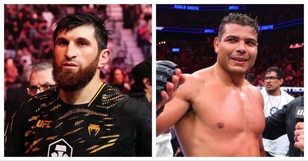 Luchadores de MMA Magomed Ankalaev con barba y camiseta UFC junto a Paulo Costa musculoso y sonriente.