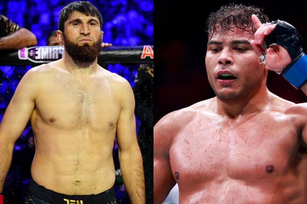 Magomed Ankalaev (barbudo) y Paulo Costa (sudoroso, protector bucal), ambos luchadores de MMA, sin camiseta, listos para la acción.