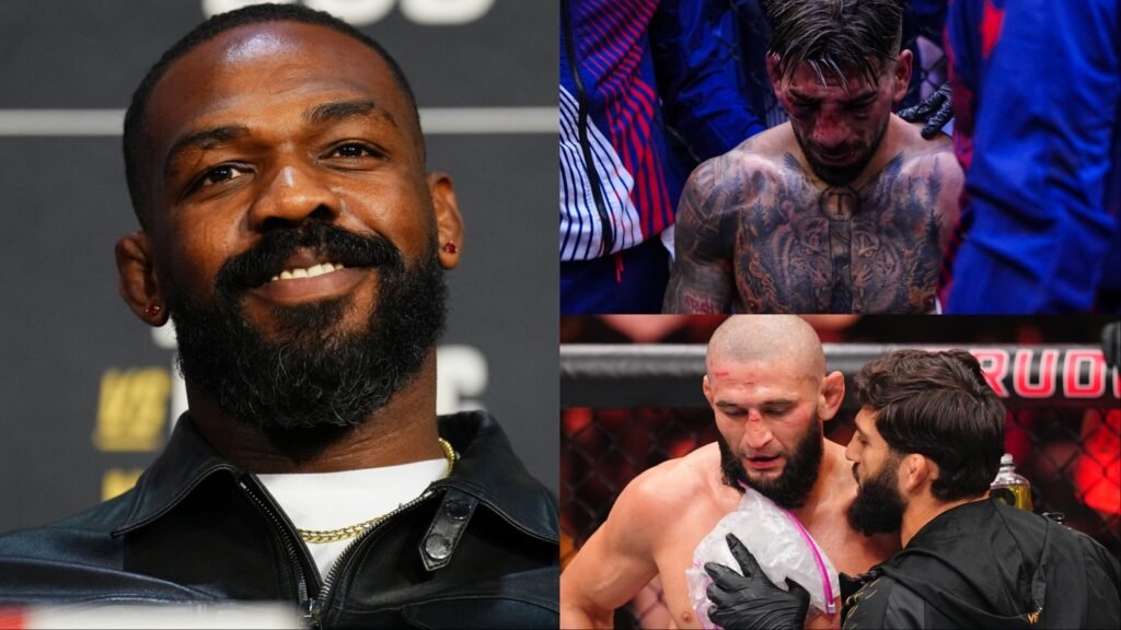 Jon Jones sonriente; dos luchadores de MMA, uno con tatuajes de tigre, ensangrentados tras sus combates.