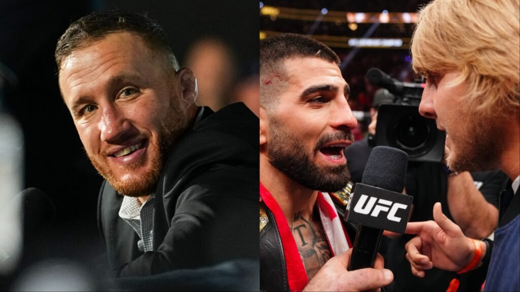 Justin Gaethje sonríe a cámara y Ilia Topuria con cinturón UFC es entrevistado tras su victoria.