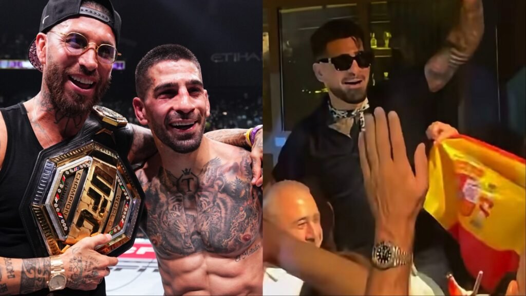 Ilia Topuria, campeón UFC, posa sonriente con Sergio Ramos y su cinturón, y después celebra con la bandera española.