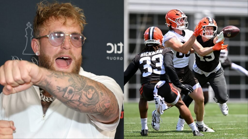 Jake Paul con gafas y puño gritando, junto a jugadores de los Cleveland Browns. Un receptor atrapa un balón NFL en un entreno.