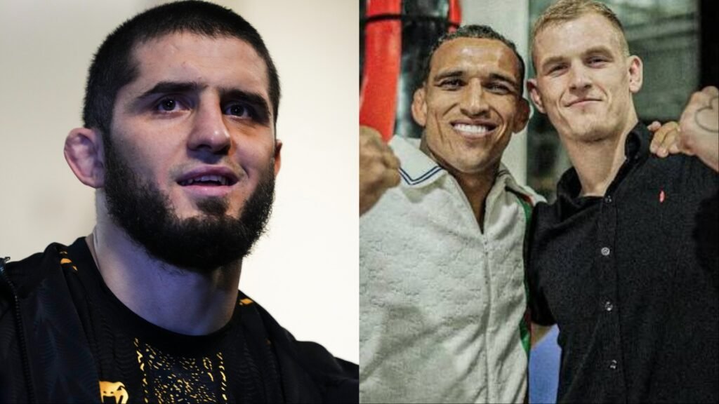 Islam Makhachev, luchador de UFC, con barba y oreja de coliflor. A su derecha, Charles Oliveira y Alexander Volkanovski sonríen.