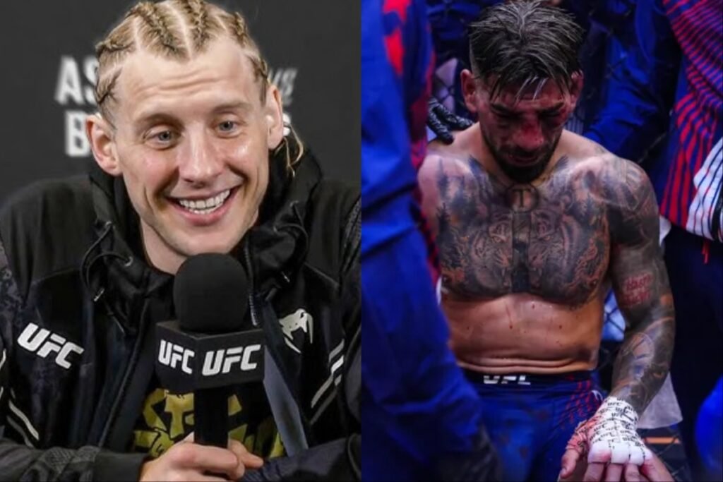 Paddy Pimblett sonriente en entrevista UFC y Ilia Topuria, ensangrentado y con tatuajes, visiblemente afectado post-combate.