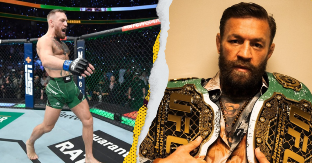 Conor McGregor: en el octágono de UFC celebrando y posando como campeón con dos cinturones de Ultimate Fighting.
